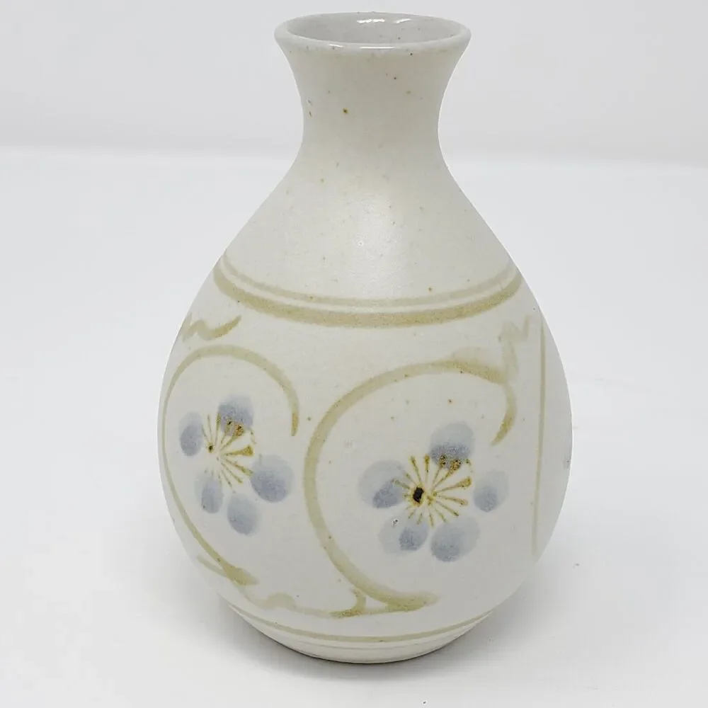 Otagiri Japan Art pottery Stoneware Bud vase MCM hand painted Blue‎ flower Vtg